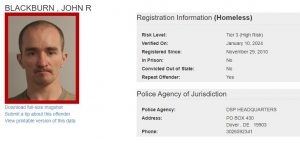 John Blackburn Sex Offender Registry - Homeless status