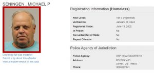 Michael Seningen Sex Offender Registry - Homeless status