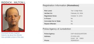 Milton Riddick Sex Offender Registry - Homeless status