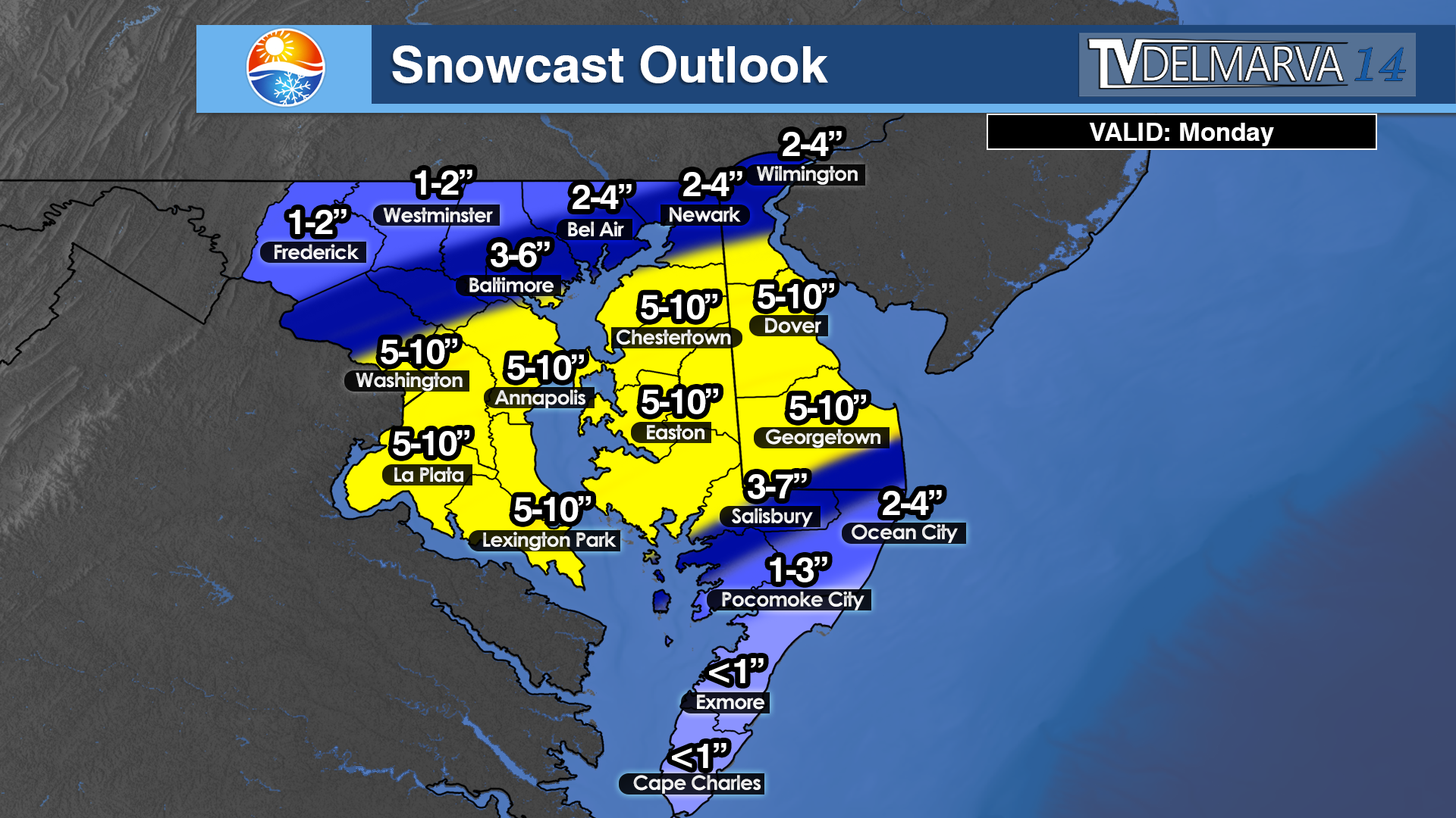 Snowfall Forecast For Monday (Updated (9:30pm)