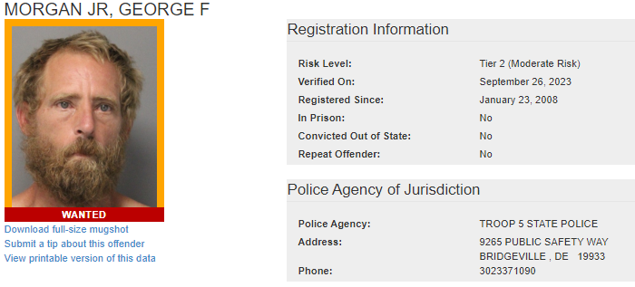 Delaware State Police S.O.A.R. Searching for Wanted Sex Offender