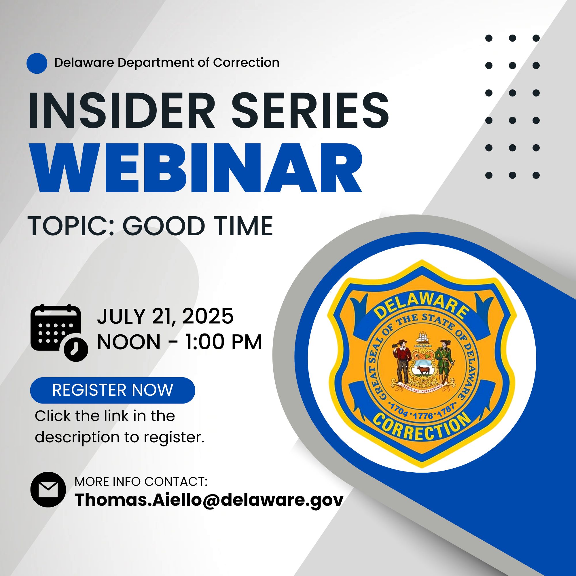Delaware Department of Correction to Host ‘Good Time’ Webinar July 21