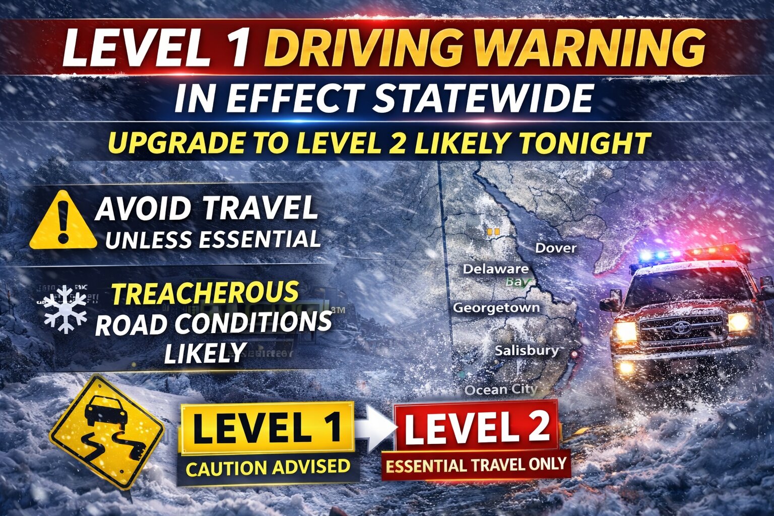 Delaware Under Level 1 Driving Warning; Upgrade to Level 2 Likely Tonight