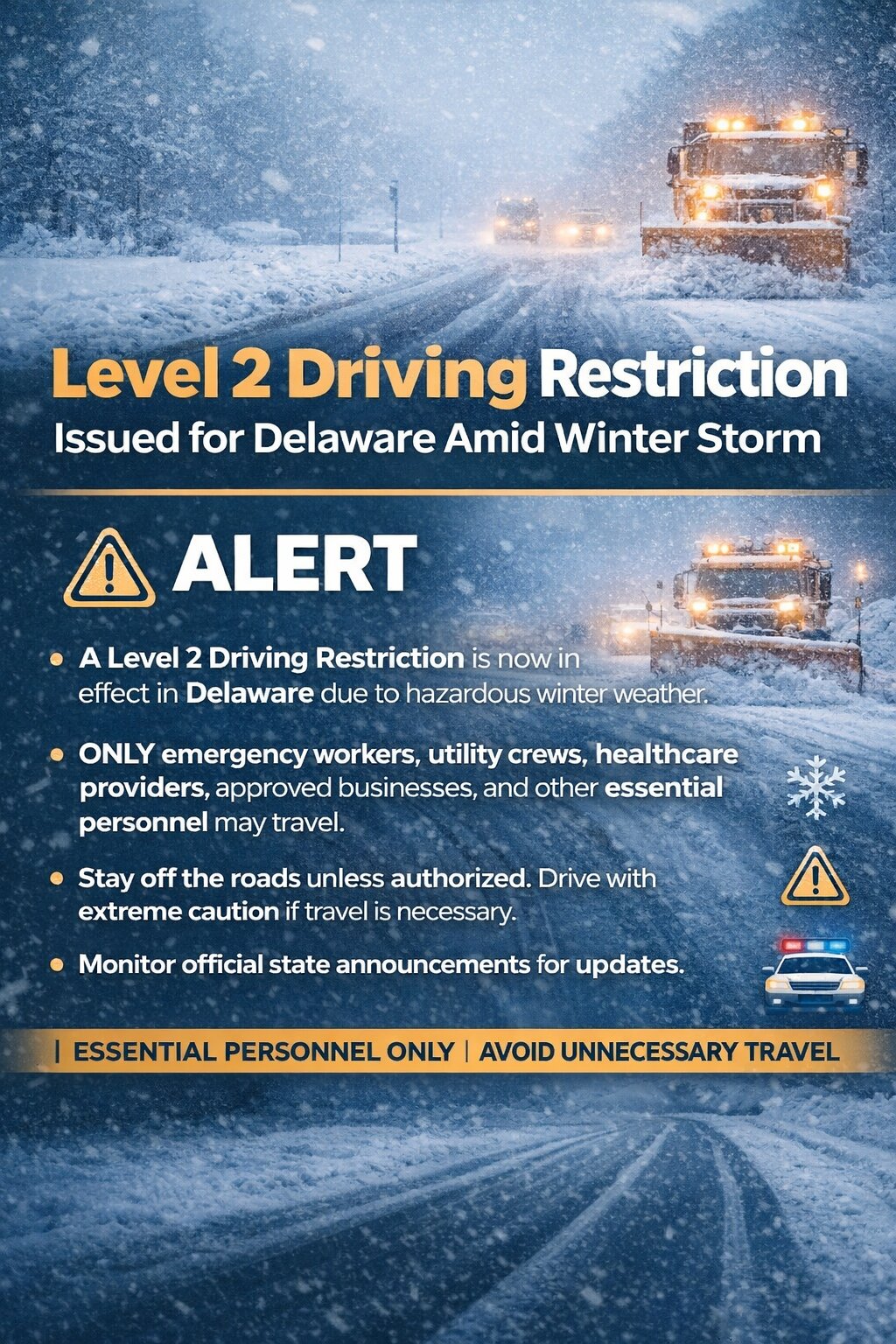 Level 2 Driving Restriction Issued for Delaware Amid Winter Storm