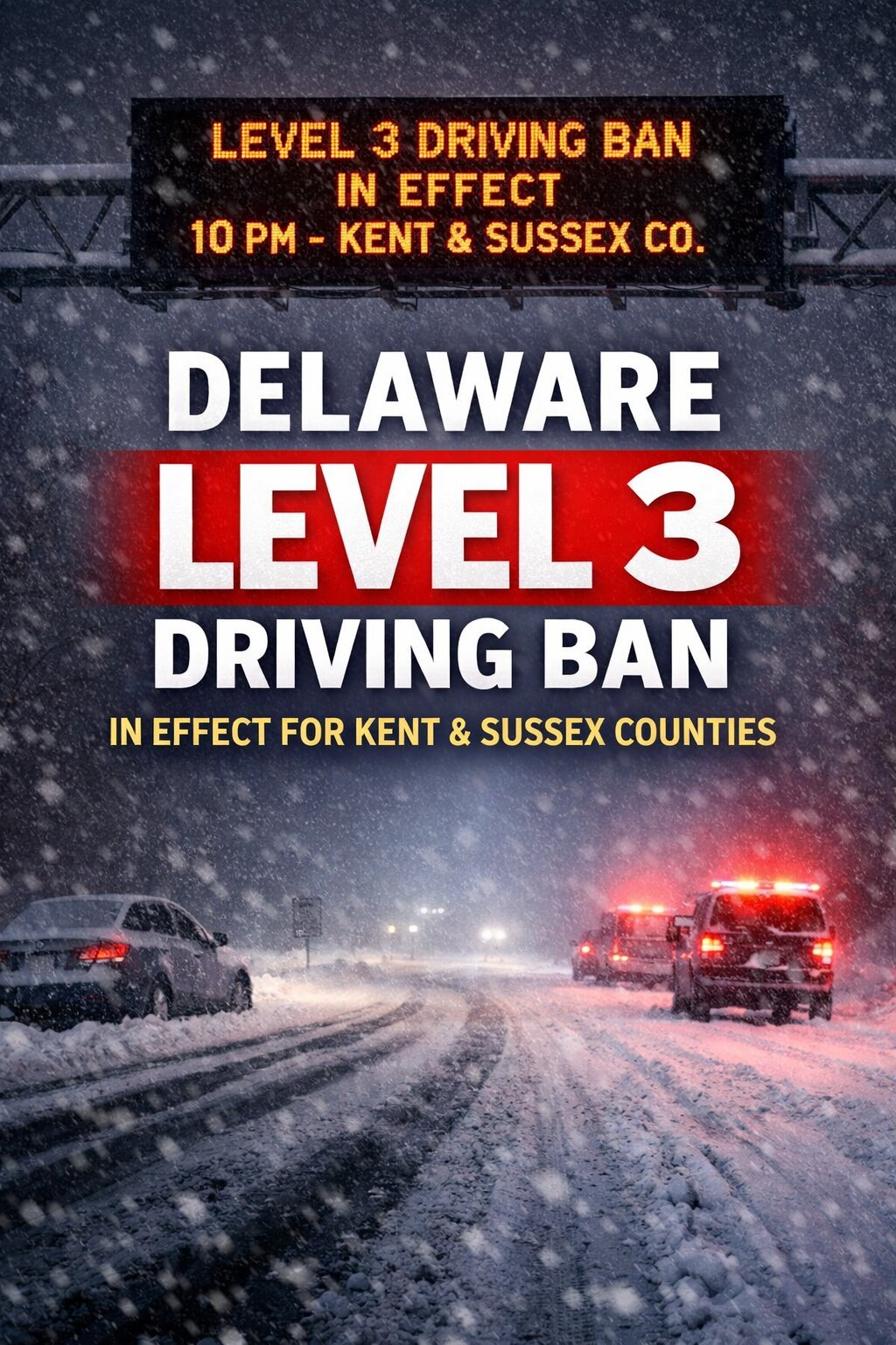 A Level 3 Driving Ban will take effect at 10 p.m. tonight for Kent and Sussex counties as a powerful winter storm continues to impact southern Delaware.