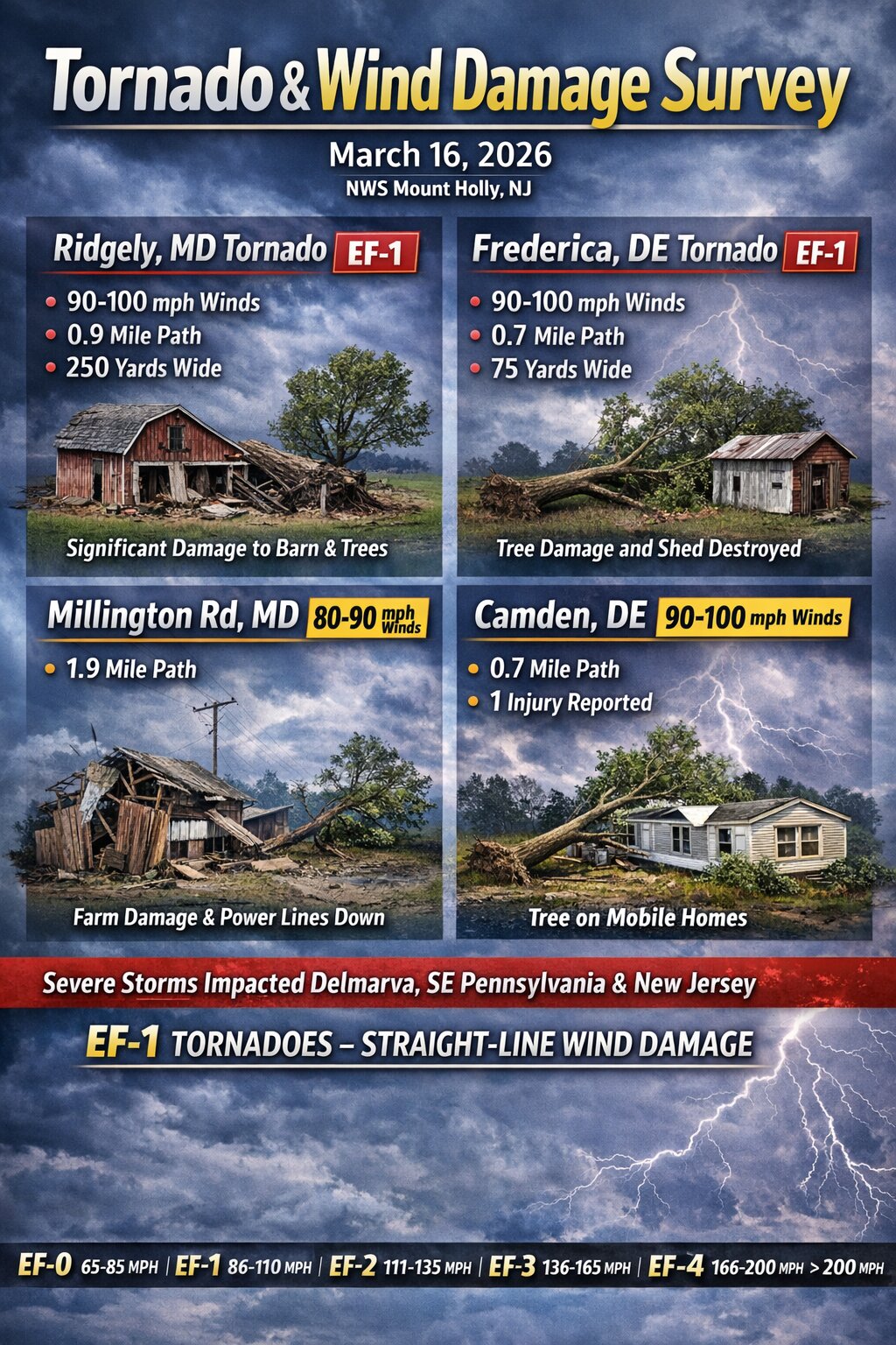 EF-1 Tornadoes & Straight Line Wind Damage Confirmed Across Delmarva Following March 16th Severe Storms