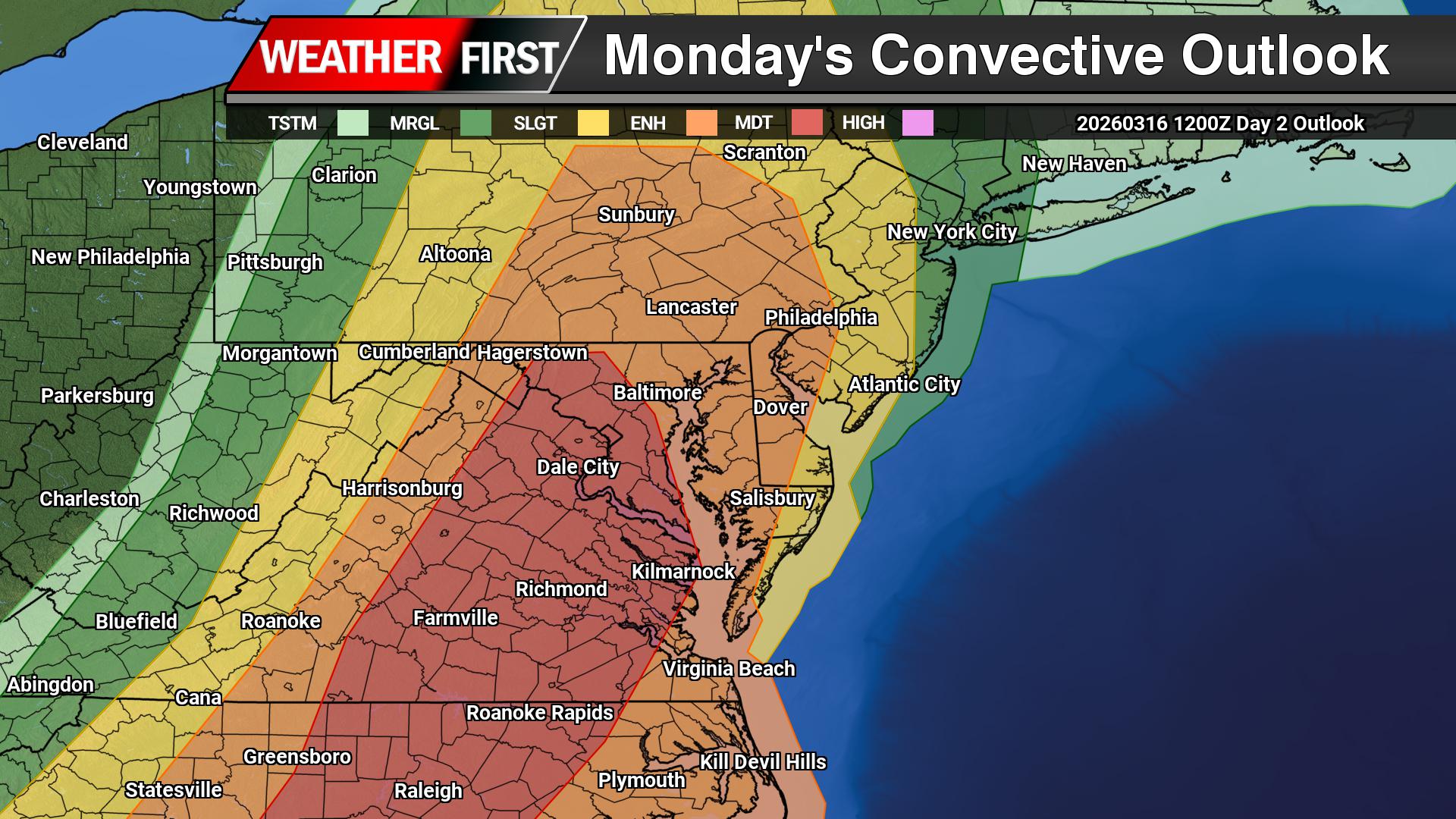 Widespread Significant Severe Weather Threat Expected Monday Across the Mid-Atlantic