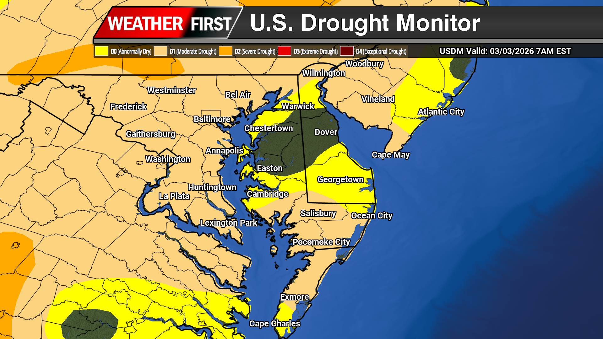 Moderate Drought Continues Across Parts of Delmarva in Latest U.S. Drought Monitor Update