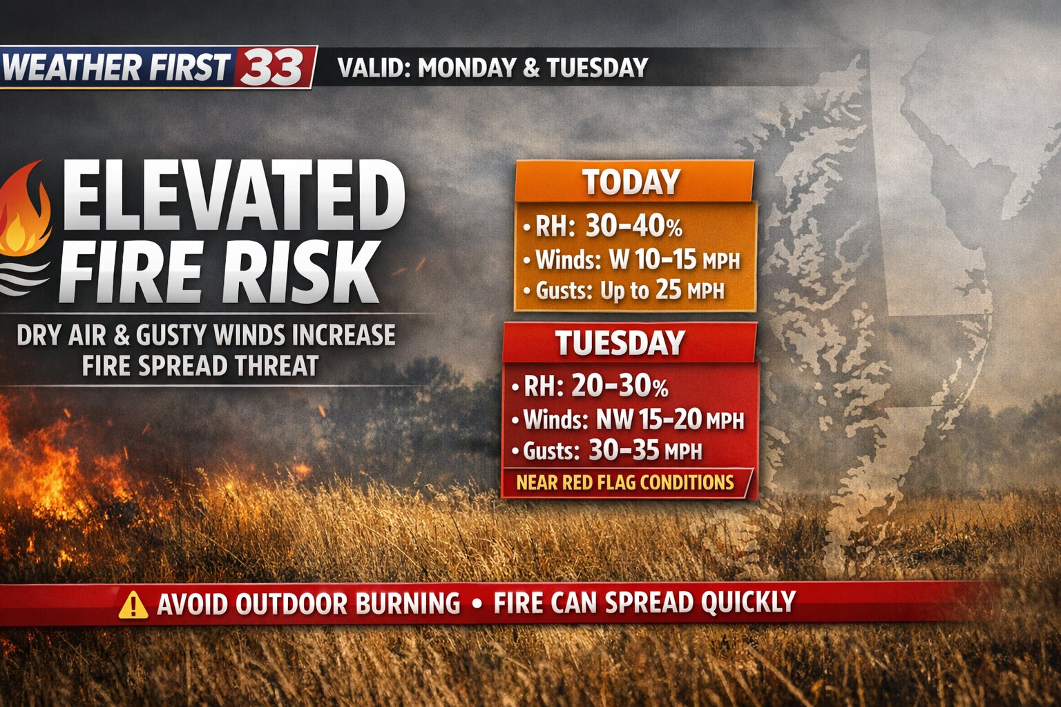 Elevated Fire Risk Builds Across Delmarva, Peaking Tuesday