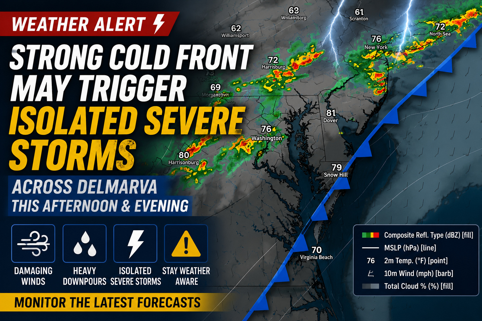 Strong Cold Front May Trigger Isolated Severe Storms Across Delmarva This Afternoon and Evening