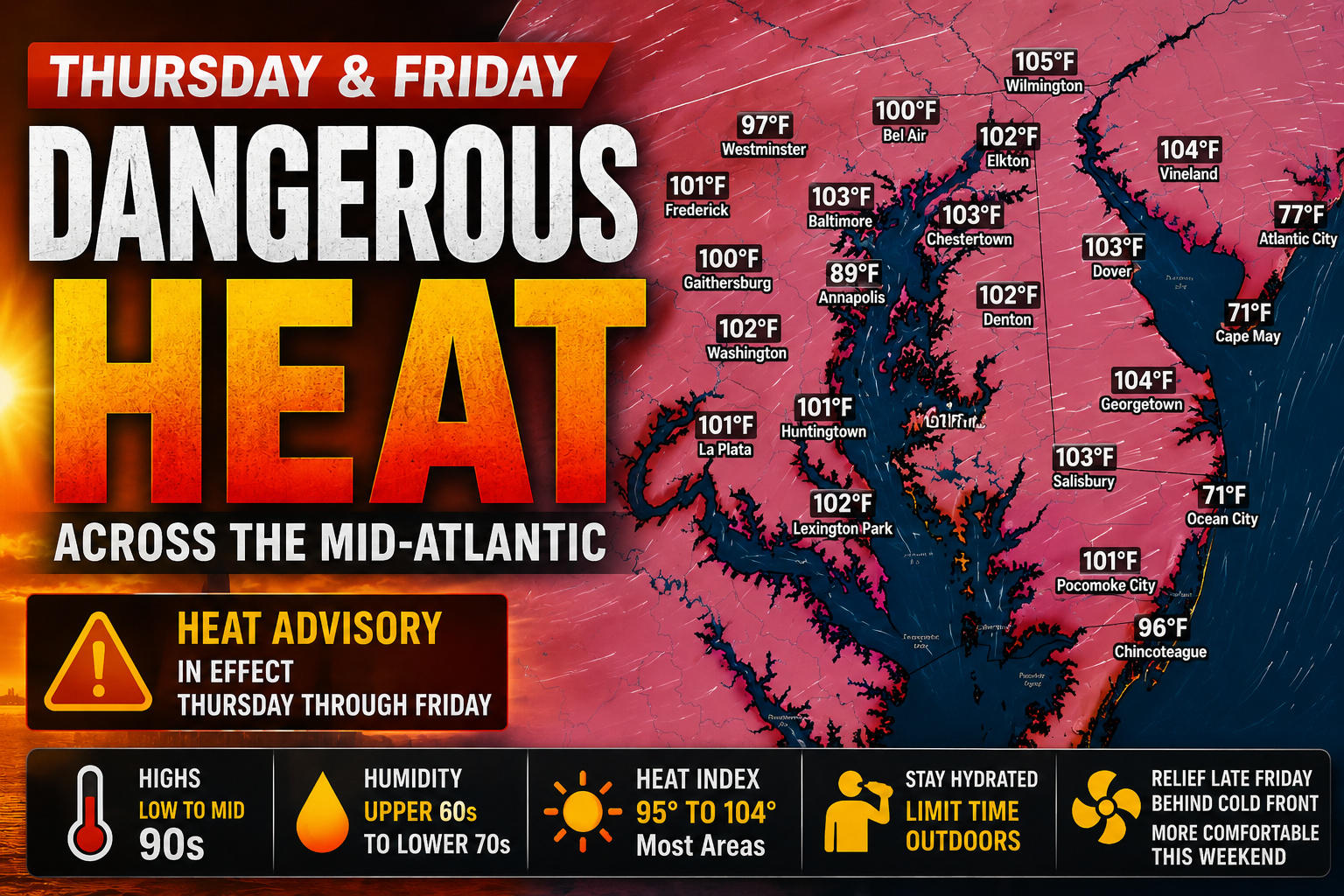 Dangerous Heat to Grip the Mid-Atlantic Through Friday