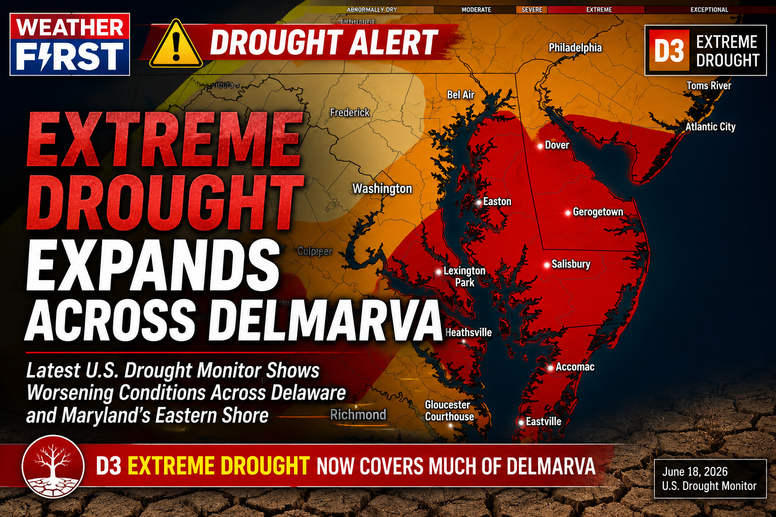 Extreme Drought Expands Across Delmarva as Rainfall Deficits Continue