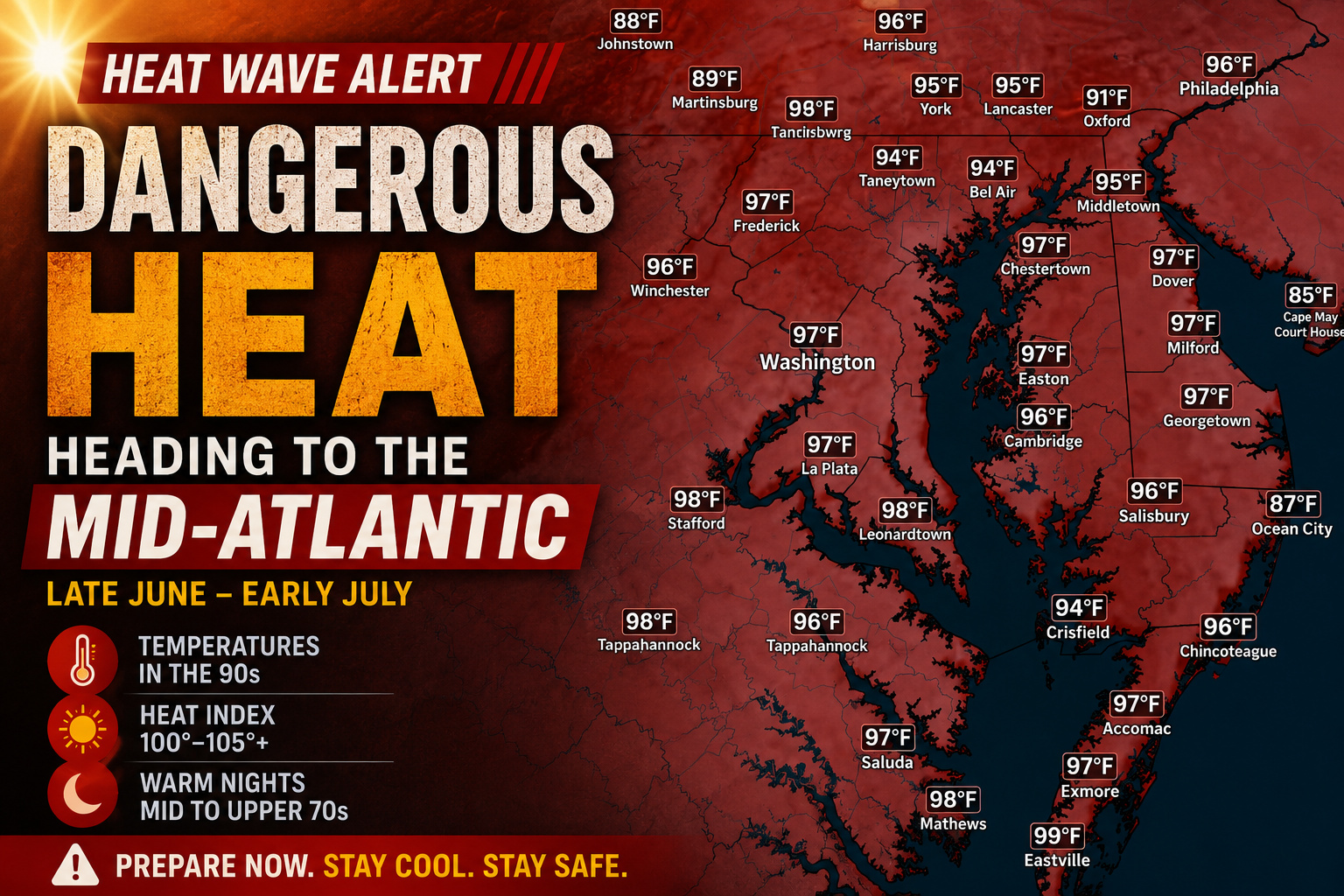 Dangerous Heat Wave Expected to Grip the Mid-Atlantic Through Early July