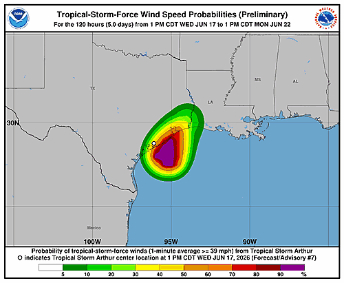 Tropical Storm Arthur Wind Probability Forecast Issued