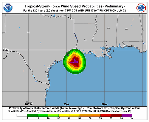Post-Tropical Cyclone Arthur Wind Probability Forecast Issued