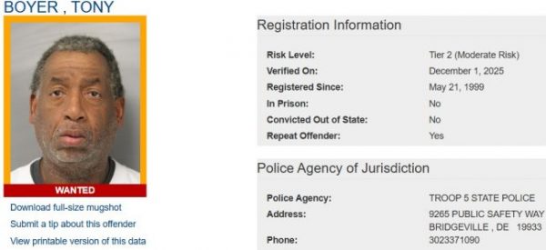 Delaware State Police Seek Wanted Sex Offenders, Alert Public to Homeless Registrants
