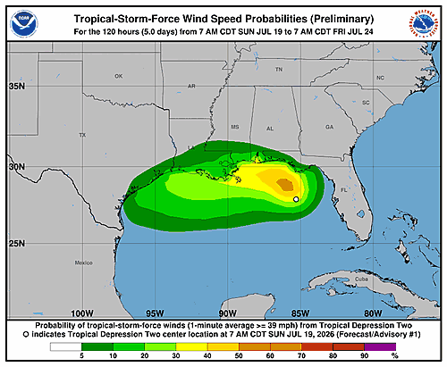 Tropical Depression Two Wind Speed Probabilities Issued