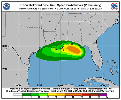 Tropical Depression Two Wind Speed Probabilities Tracked