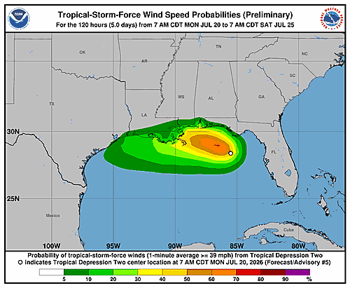 Tropical Depression Two Wind Speed Probabilities Issued