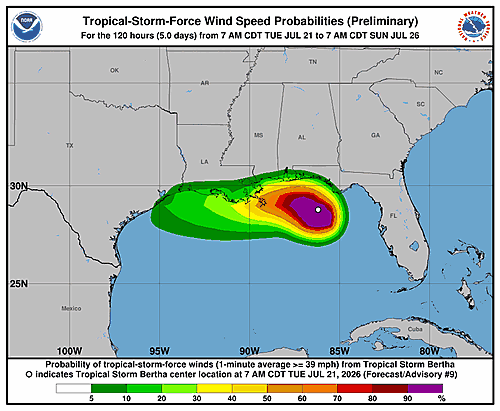 Tropical Storm Bertha Wind Probabilities Issued by National Hurricane Center