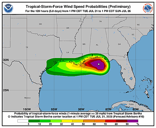 Tropical Storm Bertha Wind Speed Probabilities Tracked by NHC