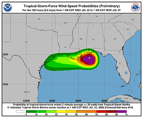 Tropical Storm Bertha Wind Probabilities Issued by National Hurricane Center