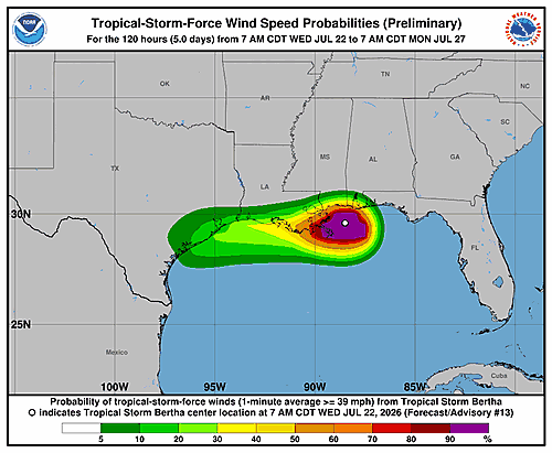 Tropical Storm Bertha Wind Probability Forecast Issued
