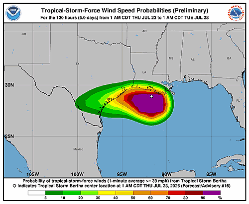 Tropical Storm Bertha Wind Probabilities Issued by National Hurricane Center