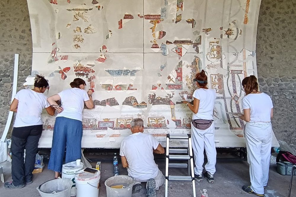 Ancient Pompeii Banquet Hall Ceiling Reconstructed with Greek Myth Frescoes
