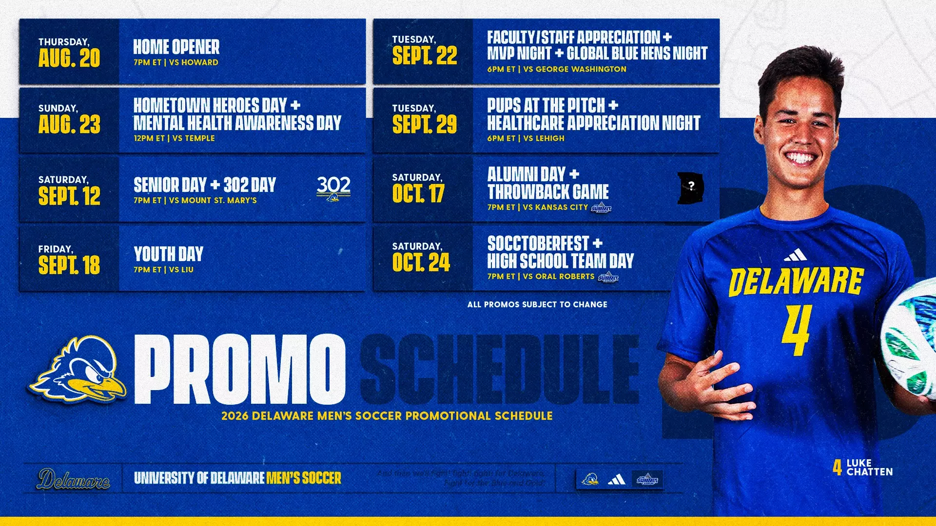 UD Blue Hens Men’s Soccer Releases 2026 Promotional Schedule